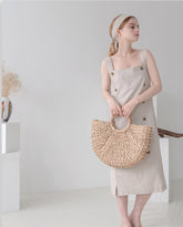 Linen Midi Dress with Button Detail and Wide Shoulder Straps